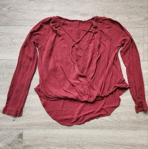 Lush Red Shirt Womens Small Long Sleeve Front Cross Drapey Boho Cottagecore